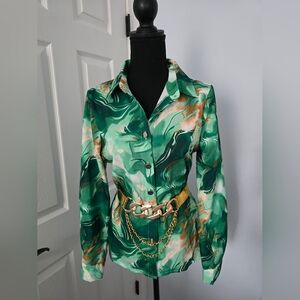 SHEIN Green Patterned Blouse with Gold Chain Detail